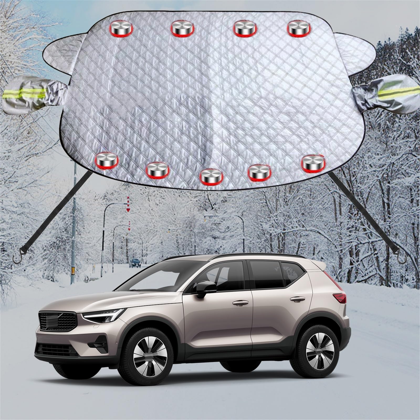 車フロントガラス 凍結防止シート に適用ボルボXC40 カーフロントカバー 五重厚手 内蔵9枚強力磁石防風 盗難防止挟み耳 鏡保護 夜間警告 霜よけ 落葉 雪対策 防塵 防氷 フロントガラス保護カバー 折り畳み式 取付簡単 四季対応 収納袋付き(銀)