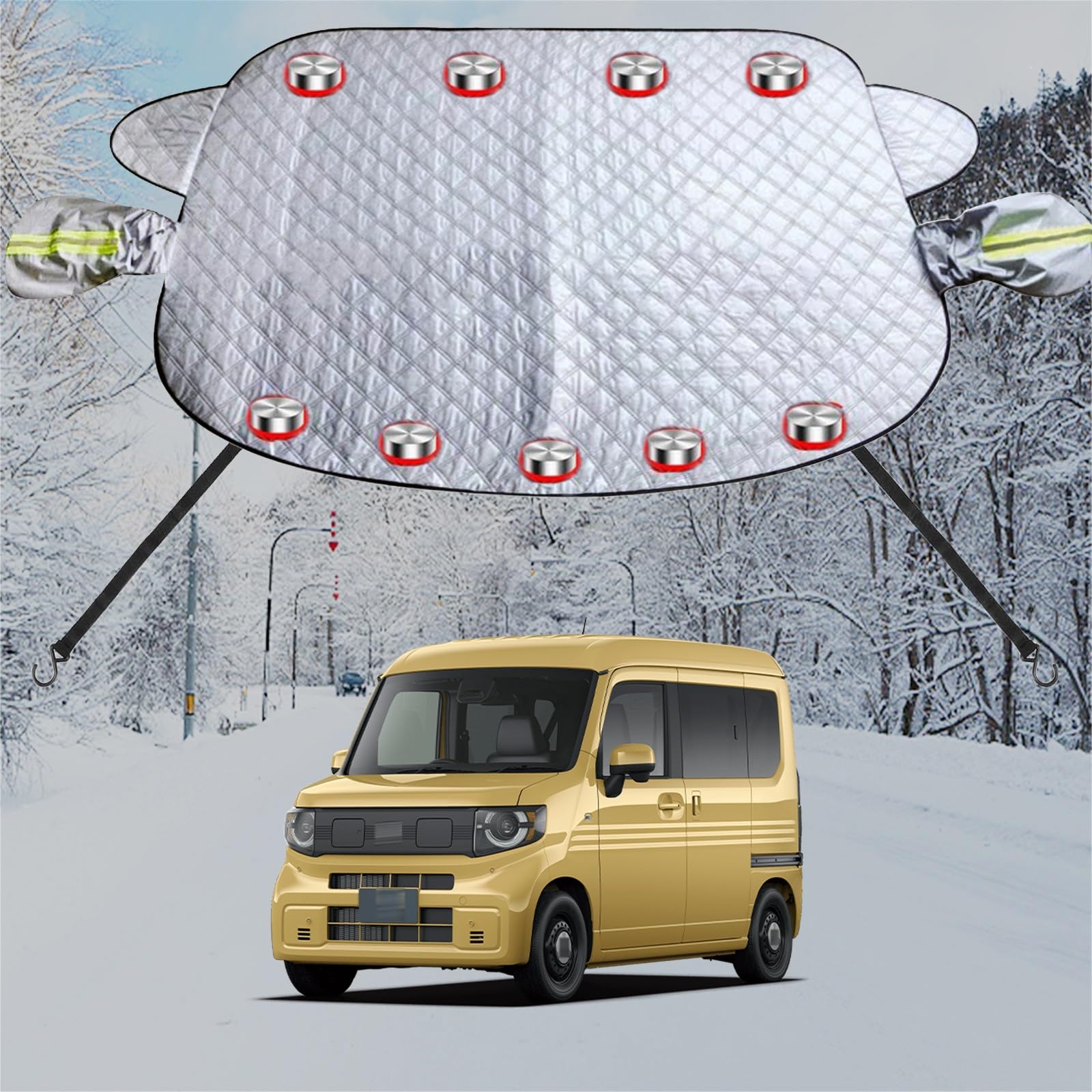 Rakuten - 車フロントガラス 凍結防止シート に適用ホンダN-VAN カーフロントカバー 五重厚手 内蔵9枚強力磁石防風 盗難防止挟み耳 鏡保護 夜間警告 霜よけ 落葉 雪対策 防塵 防氷 フロントガラス保護カバー 折り畳み式 取付簡単 四季対応 収納袋付き(銀)