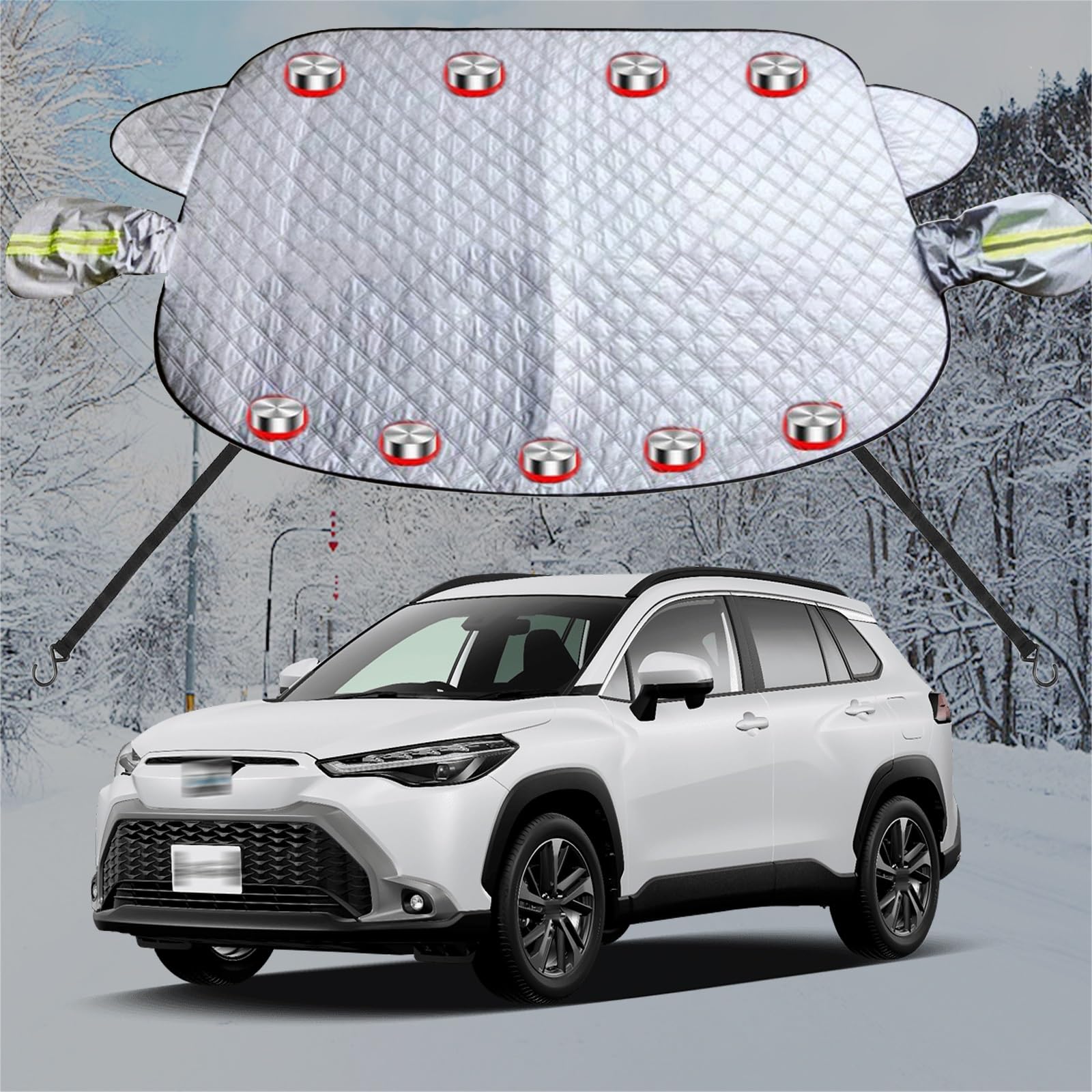 車フロントガラス 凍結防止シート に適用トヨタカローラクロス 10系 カーフロントカバー 五重厚手 内蔵9枚強力磁石防風 盗難防止挟み耳 鏡保護 夜間警告 霜よけ 落葉 雪対策 防塵 防氷 フロントガラス保護カバー 折り畳み式 取付簡単 四季対応 収納袋付き(銀)