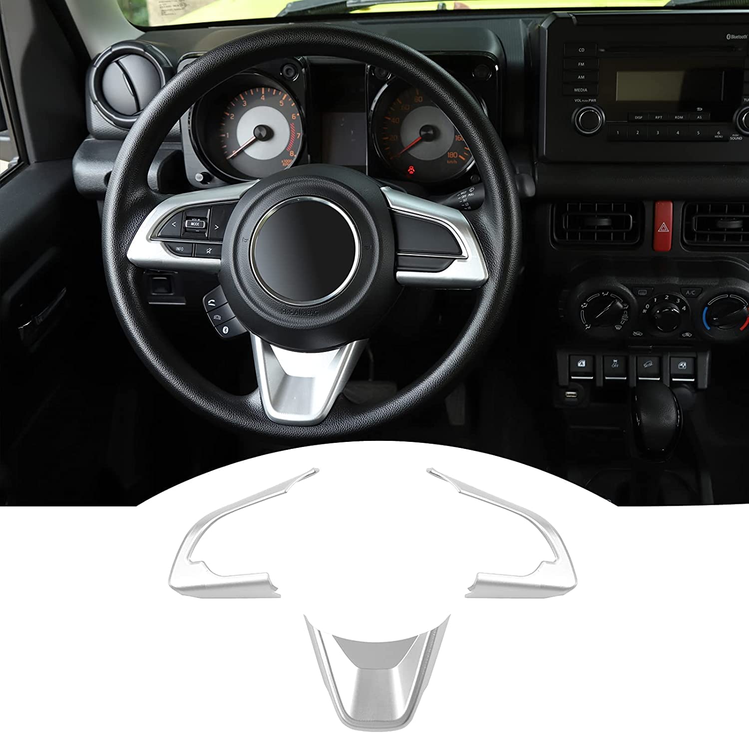 ステアリングホイールスイッチパネルカバー スズキ ジムニー JB64 JB74 用 【ABS素材 / 3M接着剤の取り付け/ Jimny内装/カーボン調/簡単インストール/3点セット】 (シルバー)