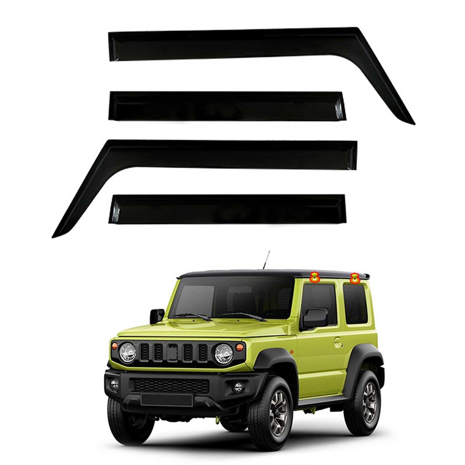 車種専用設計専用 サイドバイザー ジムニー JB64/JB74W型 2019〜現行 3ドアバージョンに適用ドアウィンドウバイザー 車用ウィンドウディフレクター テープオン式 ベントシェード 泥除け 日よけ 雨除け カスタムパーツ 外装アクセサリー 超耐久性 簡単に取り付け 4枚セット