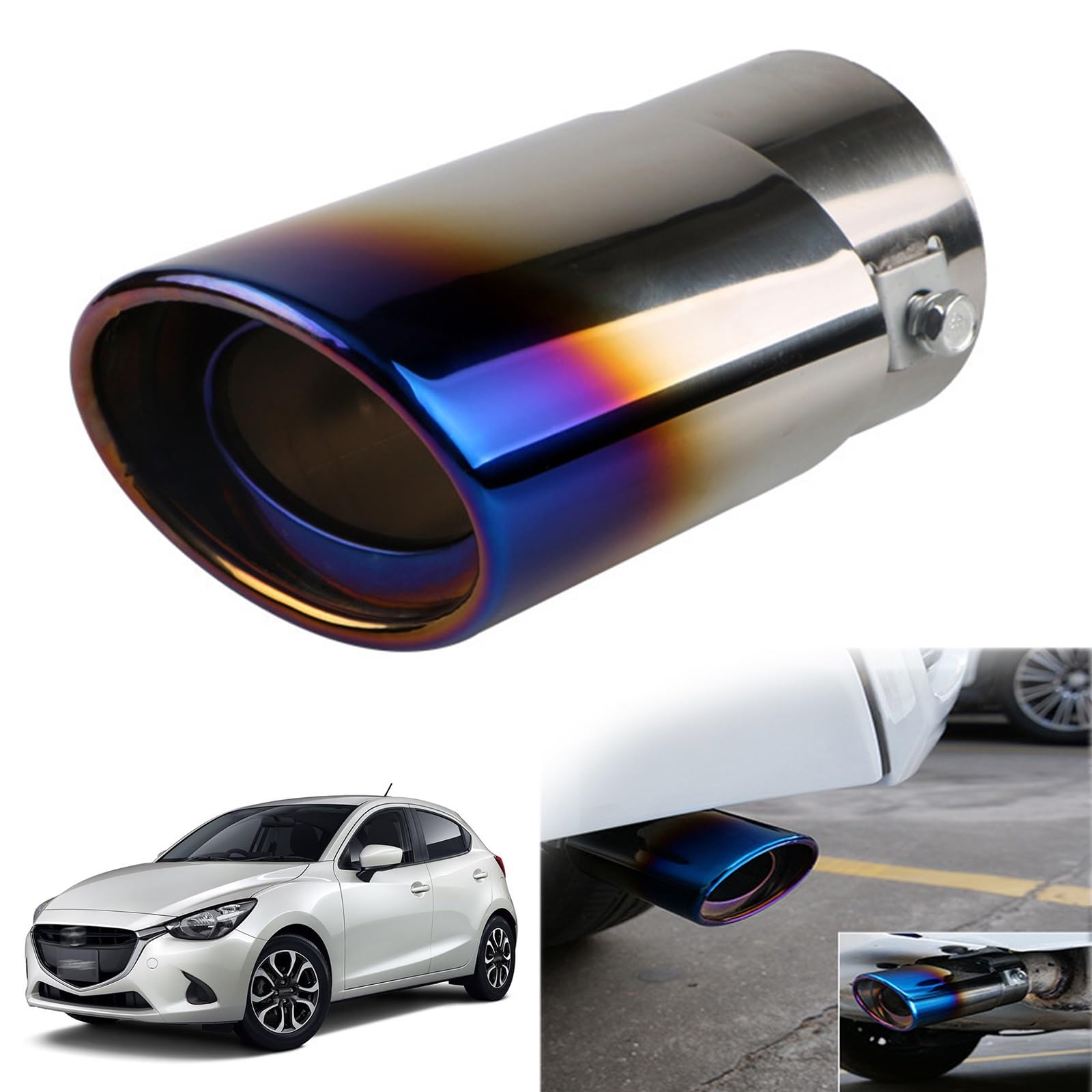 マツダ デミオ DJ系 専用 マフラー カッター 車のテールパイプ カスタム 排気口 排気管 外装パーツ ステンレス鋼 塗装工程 防錆 防食 真っ直ぐな口 曲がった口 テールパイプ 排水穴付き 取り付け簡単 装飾アクセサリー(青 直)