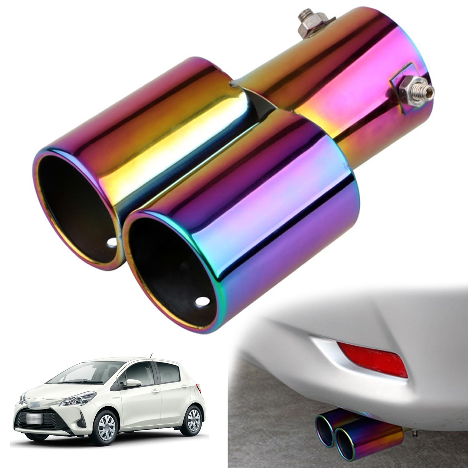 マフラー カッター 2本出し トヨタ ヴィッツ XP130 XP150 2010年~2020年専用 車のテールパイプ カスタム 排気口 排気管 パーツ ステンレス鋼 塗装工程 防錆 防食 真っ直ぐな口 曲がった口 テールパイプ 排水穴付き 取り付け簡単 装飾アクセサリー(マルチカラー 直)