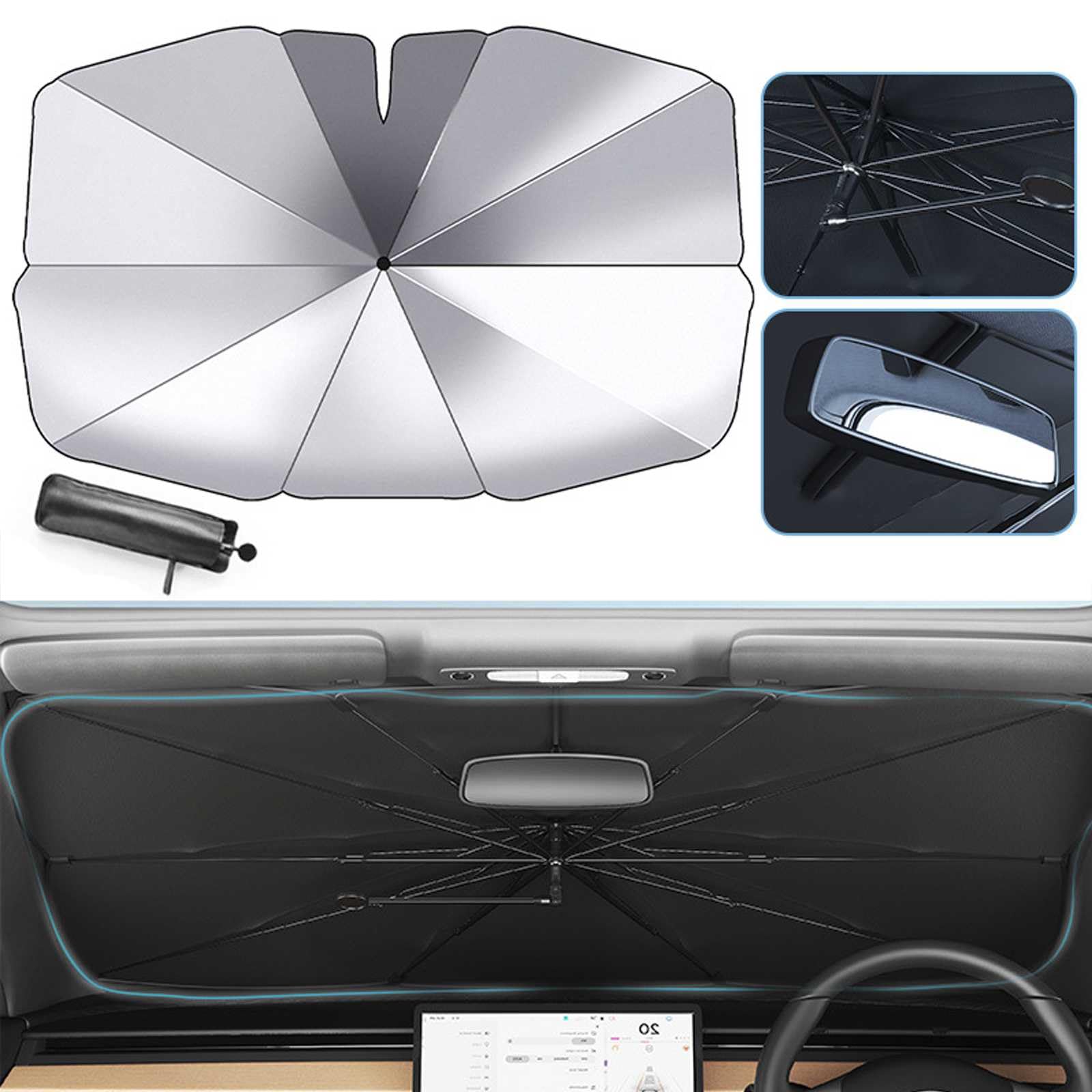 【2025革新モデル】三菱 アウトランダー PHEV（3代目 GN0W型?2021年〜現行）対応 フロントサンシェード 傘型 折り畳み式 UVカット 遮光遮熱 日除け フロントガラス専用 車用パラソル