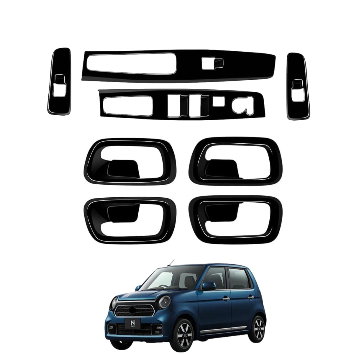 「N-ONEに適用 JG3/JG4型 2020年11月ー」セット割 フロント?リア ドアウインドウボタンパネル ガラスリフトカバー& ドアハンドルパネル サイドノブカバー ガーニッシュ 内装アクセサリー ホンダ対応品 ABS製 (ピアノブラック)
