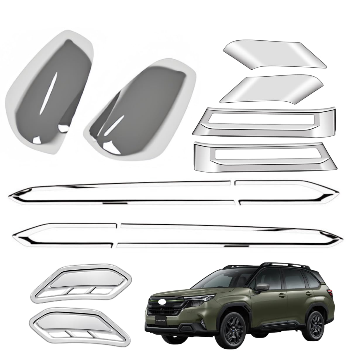 「フォレスター に適用 SL系 2025年4月ー」 車体カバー サイドドアアンダーフレーム&Aピラーパネル&Cピラーカバー& フェンダーガーニッシュ コーナーカバー&サイドミラーカバー 外装アクセサリー ガーニッシュ セット割 スバル対応品 ABS製 (鏡面仕上げシルバー)