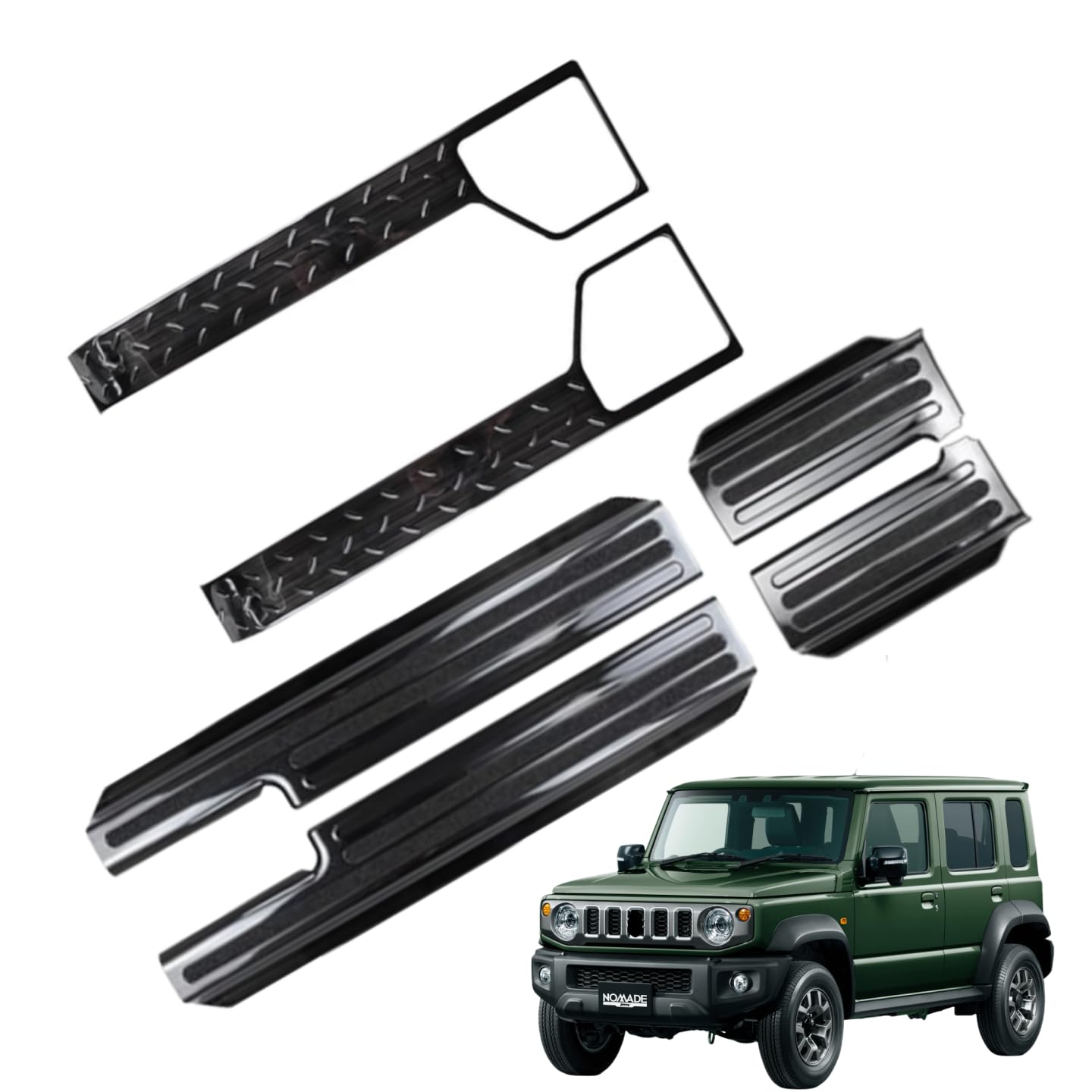 ジムニーに対応 JB64W 2019年〜/ ジムニーに対応ノマド JC74W 2025年4月〜5ドア 対応品 スズキ専用 保護 上質 キズ防止 ステンレス製 取り付け簡単 内装ドレスアップ サイドステップガード プロテクター 傷防止+フロントドア キックガード プレート ドアガード