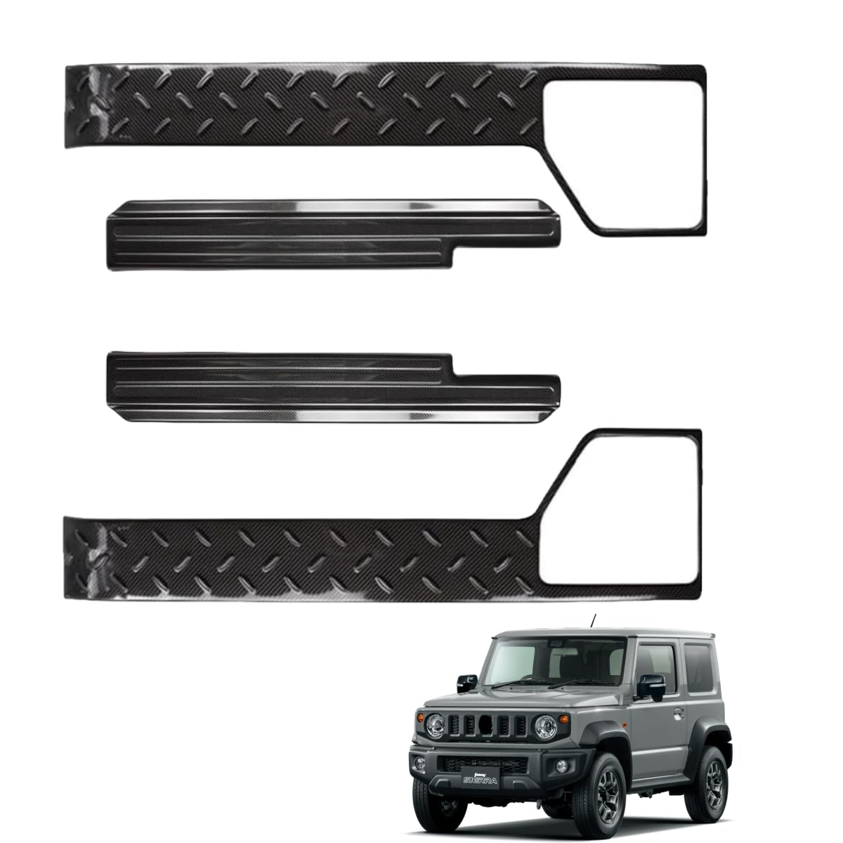 ジムニーに対応 JB64W / シエラ JB74W 2019年〜3ドア 対応品 スズキ専用 保護 上質 キズ防止 ステンレス製 取り付け簡単 外装ドレスアップ フロントドア キックガード プレート ドアガード インテリアパネル+サイドステップガード プロテクター 傷防止 (カーボ