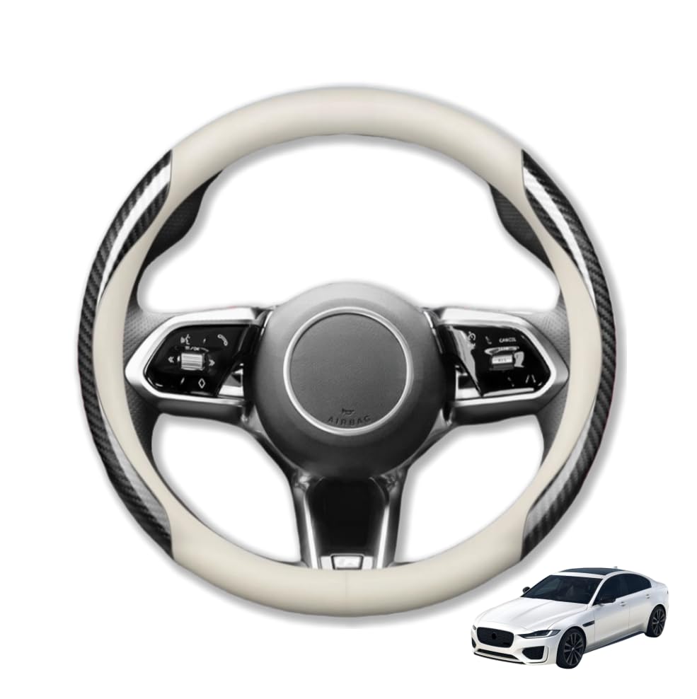ジャガー に対応 XF XJ XE XK Fペース Fタイプ Xタイプ Iペース 専用 保護 上質 キズ防止 カスタム 全シリーズ対応 円形 37〜38CM 取り付け簡単 円形 丸形 ハンドルカバー ステアリングカバー ハンドルカバー 滑り止め 本革＋カーボン柄のABS材料 (オフホワイト