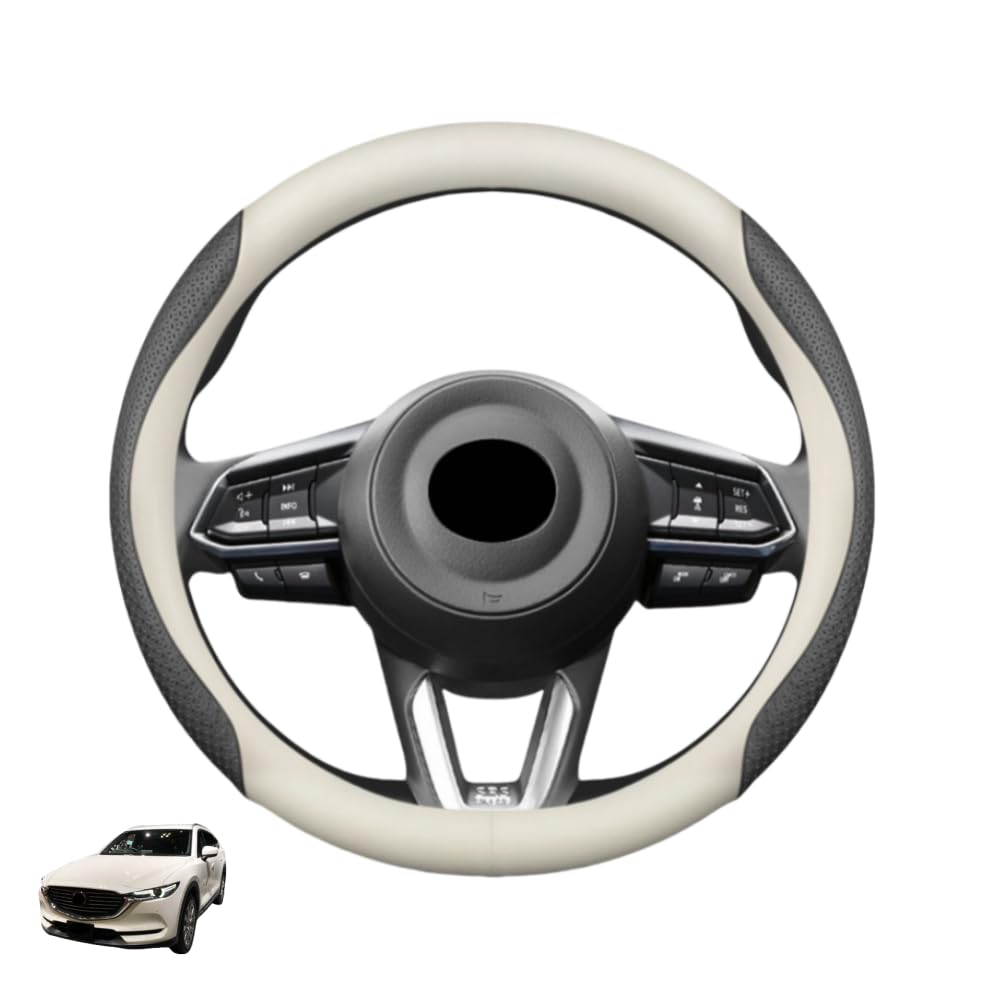 マツダ に対応 RX-8 アクセラ CX-3 CX-4 CX-5 CX-8 デミオ 専用 保護 上質 キズ防止 カスタム 全シリーズ対応 円形 37〜38CM 取り付け簡単 円形 丸形 ハンドルカバー ステアリングカバー ハンドルカバー 滑り止め 本革＋エンボス加工本革材料 (グレー+オフホワ