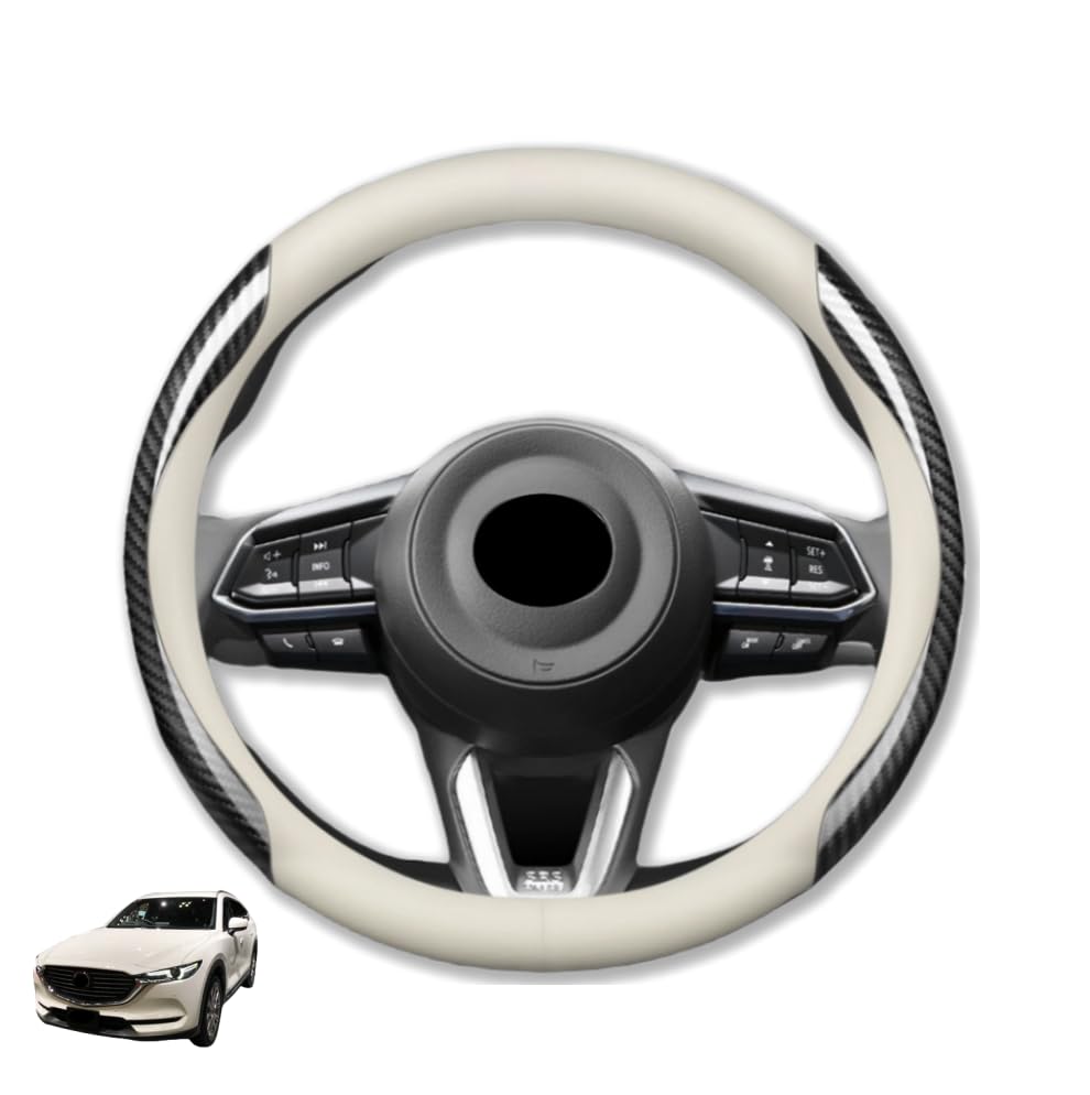 マツダ に対応 RX-8 アクセラ CX-3 CX-4 CX-5 CX-8 デミオ 専用 保護 上質 キズ防止 カスタム 全シリーズ対応 円形 37〜38CM 取り付け簡単 円形 丸形 ハンドルカバー ステアリングカバー ハンドルカバー 滑り止め 本革＋カーボン柄のABS材料 (オフホワイト+カー