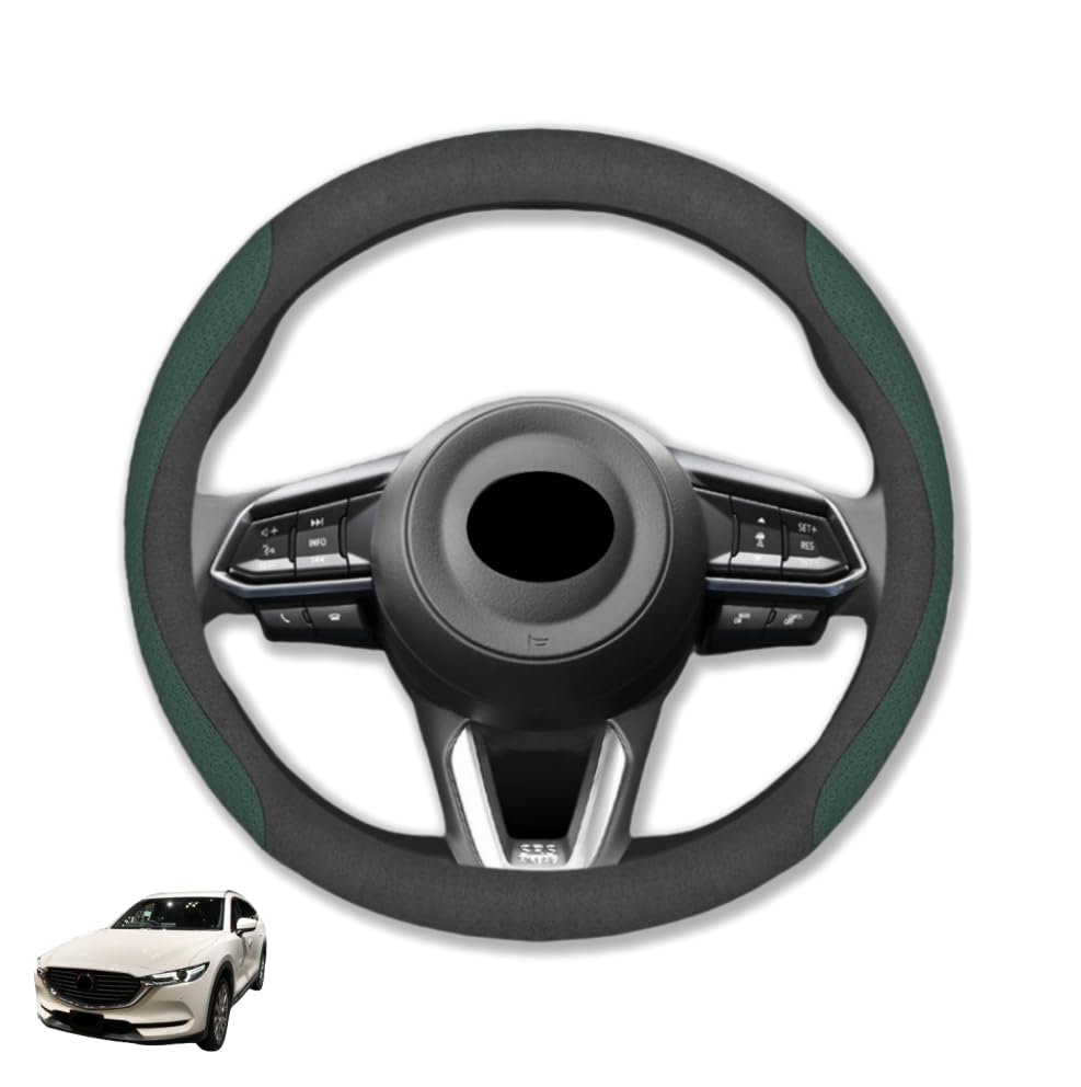 マツダ に対応 RX-8 アクセラ CX-3 CX-4 CX-5 CX-8 デミオ 専用 保護 上質 キズ防止 カスタム 全シリーズ対応 円形 37〜38CM 取り付け簡単 円形 丸形 ハンドルカバー ステアリングカバー ハンドルカバー 滑り止め スエード調人造皮革材料 (グリーン+ブラック)