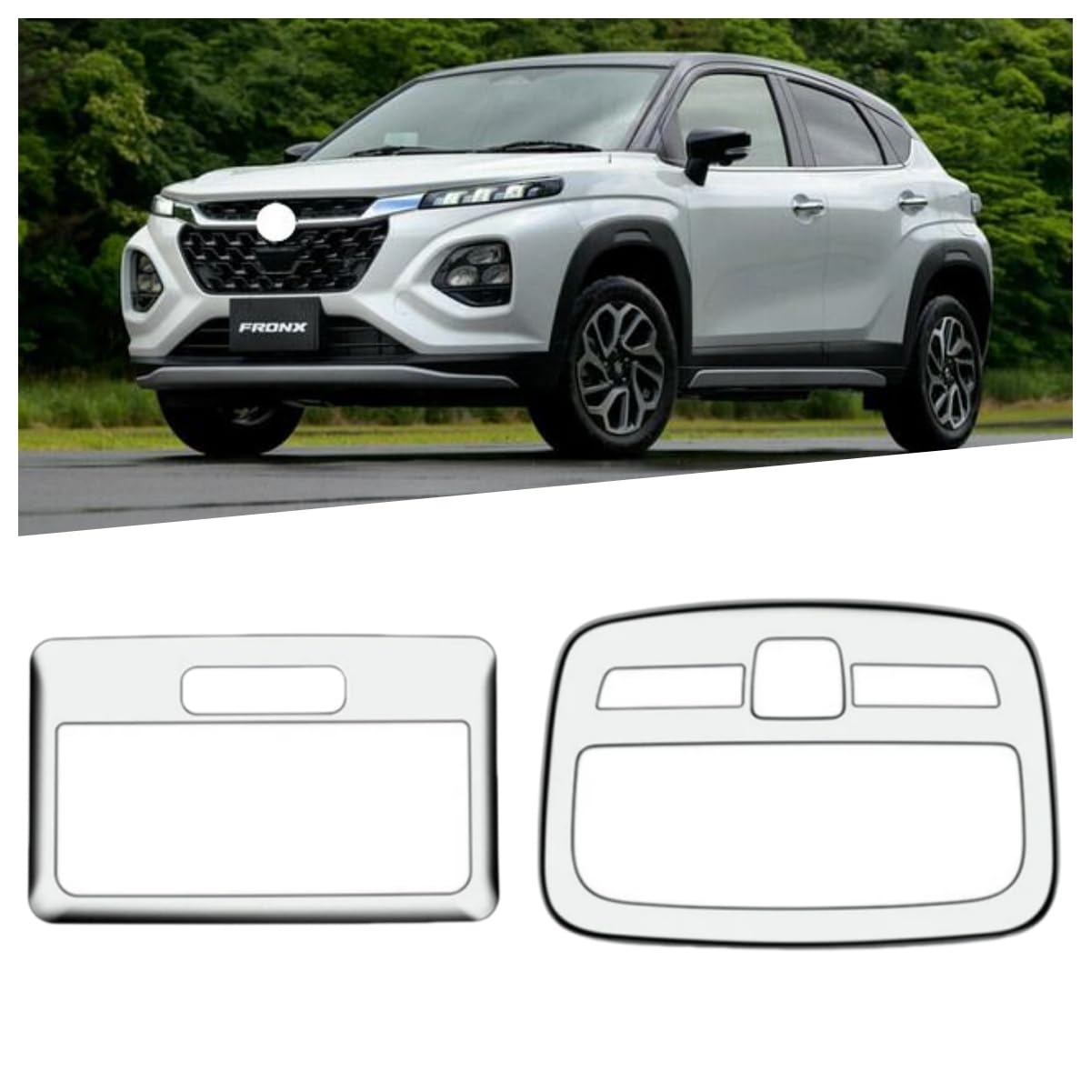 Rakuten - 新型フロンクス WD系 WE系 に対応 (For FRONX) WDB3S/WEB3S型 2024年10月〜専用 保護 上質 キズ防止 カスタム 装飾パーツ ABS製 2P フロント+リア読書ライトフレーム ルームランプ リーディングランプ カバー ガーニッシュ (ぴか銀)