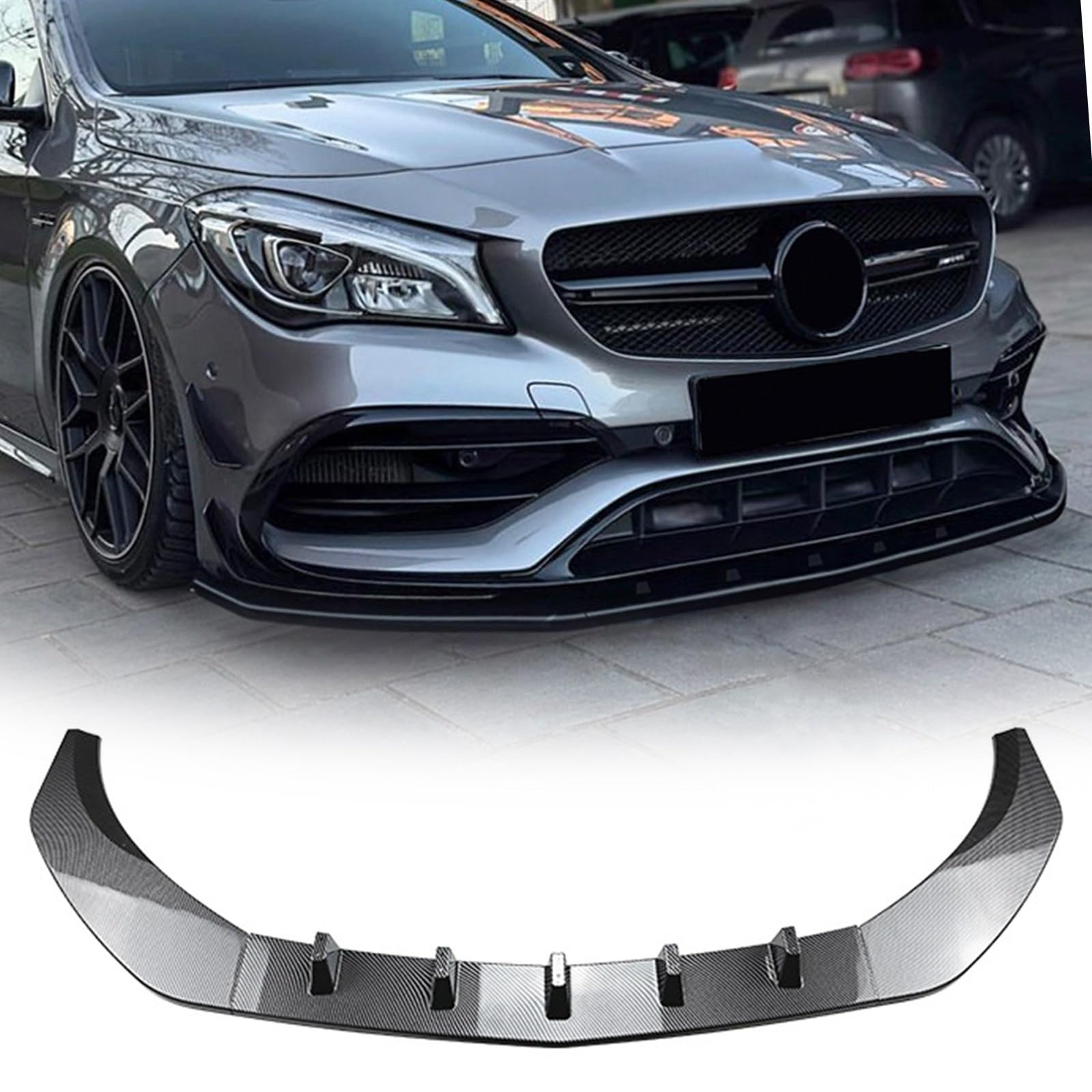 カーボンファイバールック フロントバンパー リップディフューザー スポイラースプリッター ベンツ CLA クラス C117 CLA200 260 CLA45 AMG 2016-2019に対応