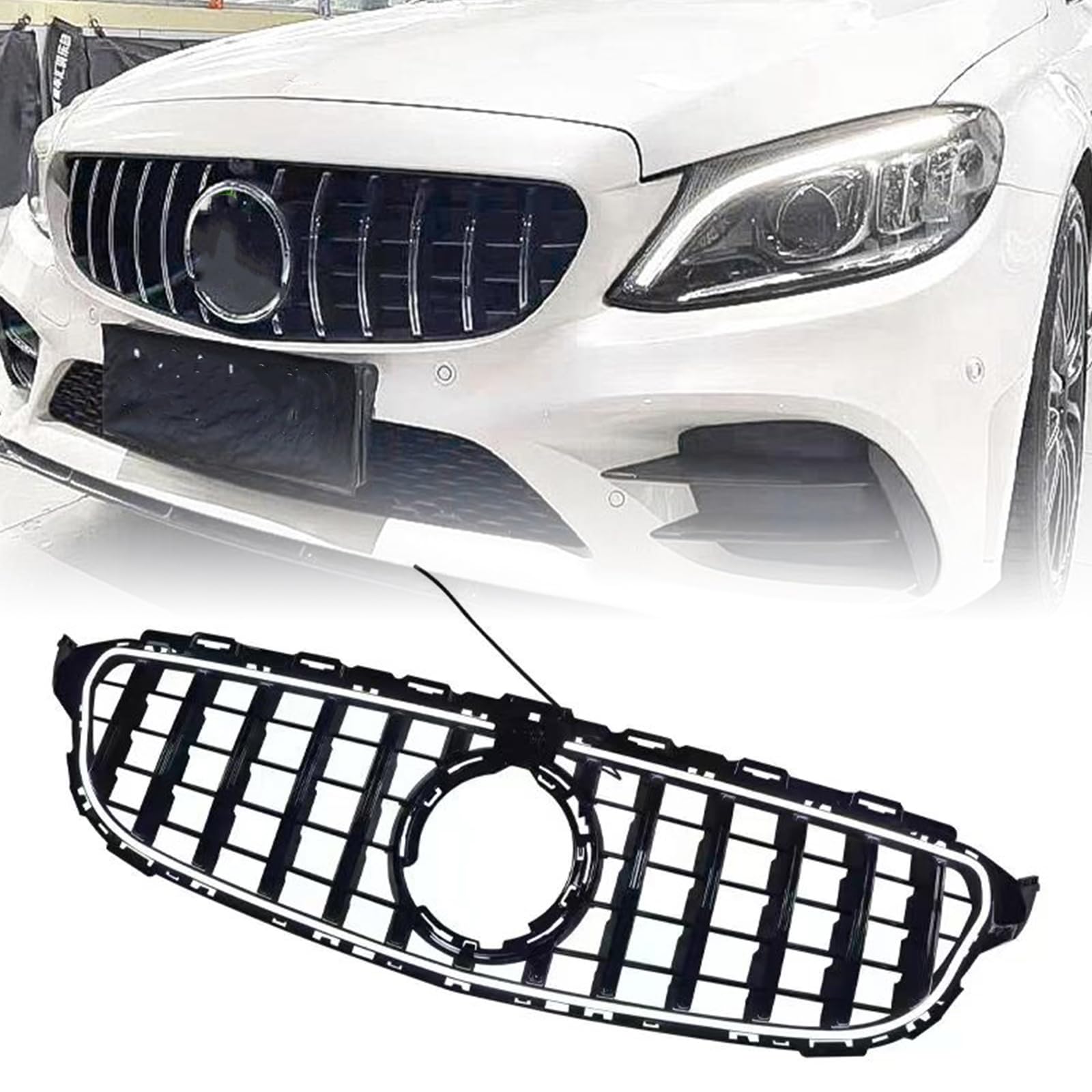 フロントバンパーグリル/ライト付きメルセデスベンツW205 GT 2019-2021用 ブラック