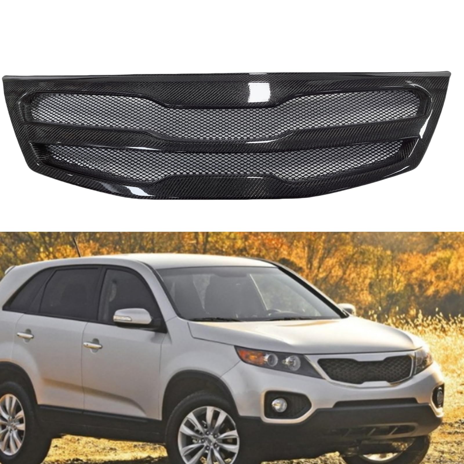 フロントバンパーグリルメッシュ Kia Sorento R 2009-2012 2010用 カーボンファイバー ブラック