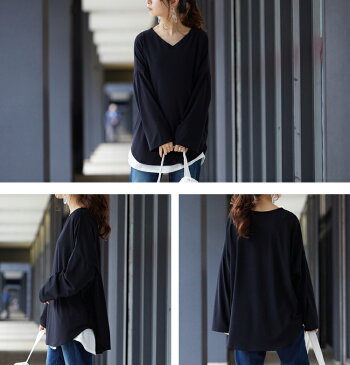 日本製 裏起毛 あったか シームレス Vネック ロンT ラウンドヘム カットソー トップス Tシャツ レディース 無地 シンプル ゆったり チュニック丈 チュニックT Made in Japan 2021 新作 春夏【10】