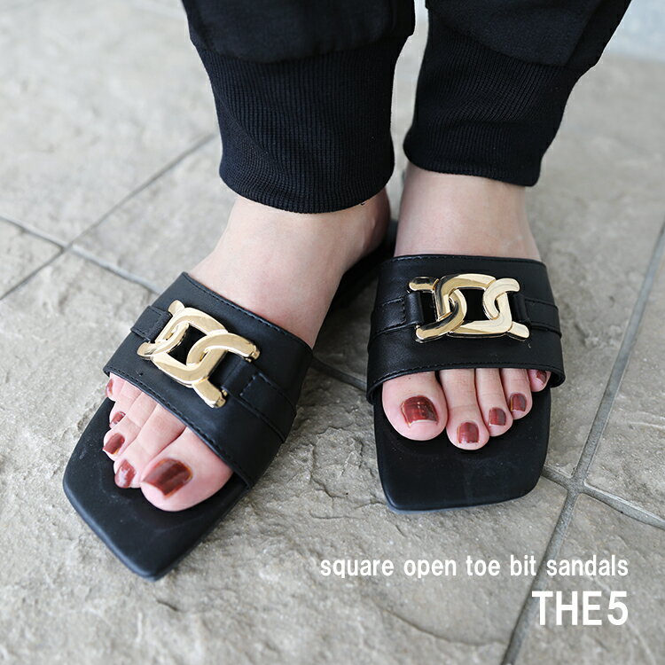 スクエア オープントゥビットサンダル フラットサンダル レディース 靴 くつ シューズ バックル ローヒ..