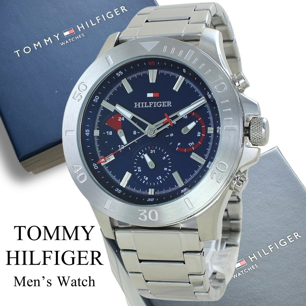 トミーヒルフィガー 腕時計 メンズ 46mm ステンレス カレンダー 24時間計 ネイビー シルバー ブランドウォッチ カジュアル プレゼント ギフト 男性 TOMMY HILFIGER 成人 卒業 入学
