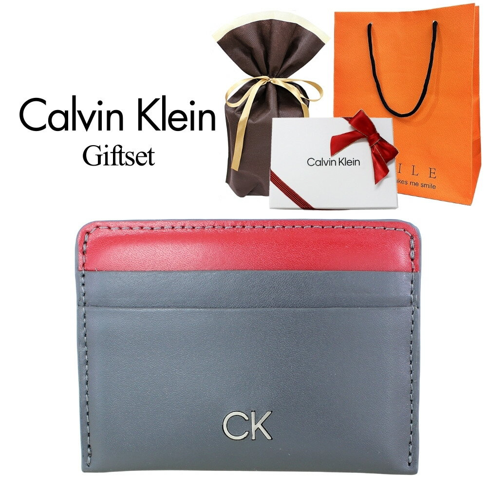 ラッピング済 ギフトセット カルバンクライン カードケース メンズ 父の日 革 シンプル 本革 グレー レ..