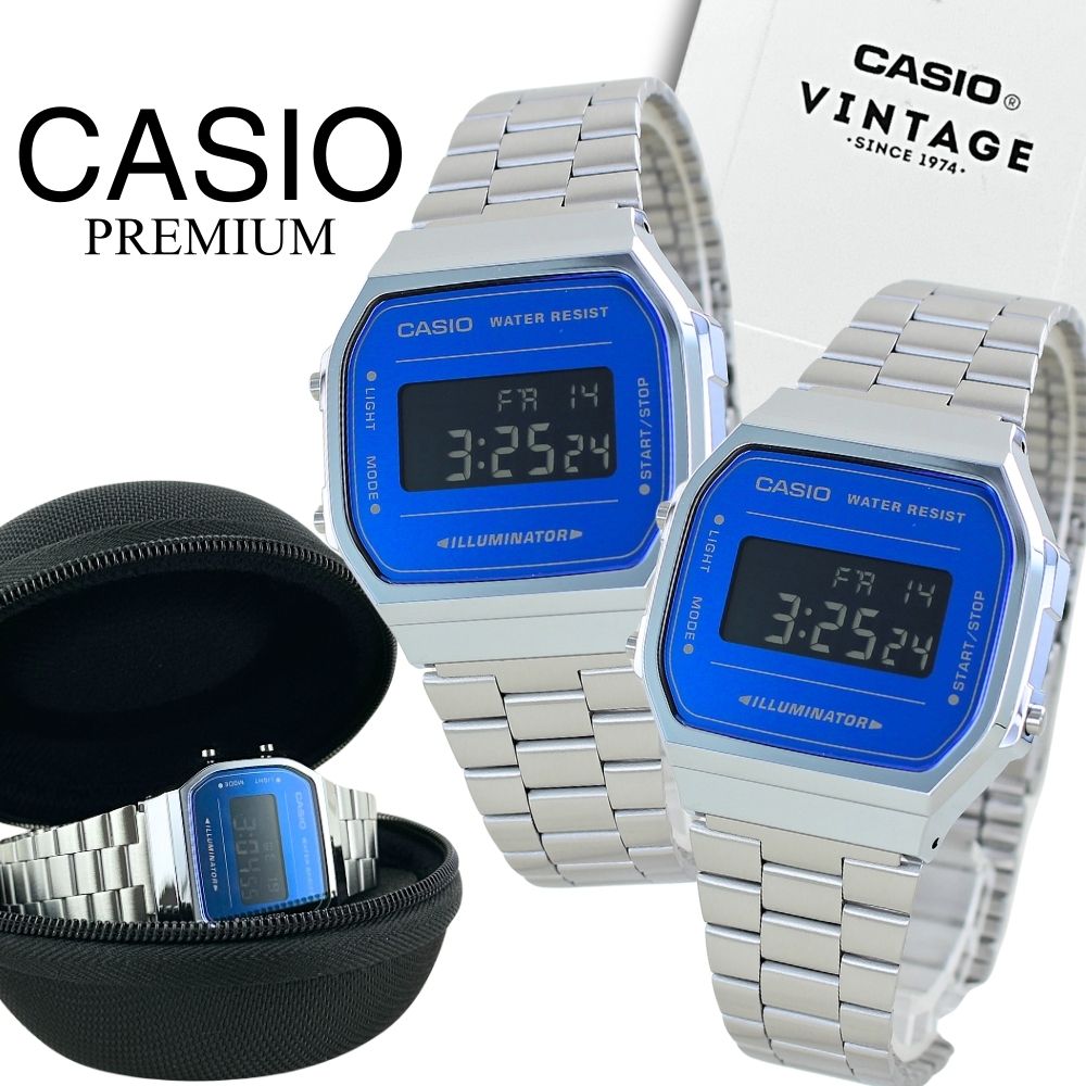 ペアウォッチ カシオ プレミアム 日本未発売 デジタル 腕時計 手表 ブルー シルバー フルメタル 腕時計ケース 付き お揃い ペア 親子 友達 兄弟 姉妹 夫...