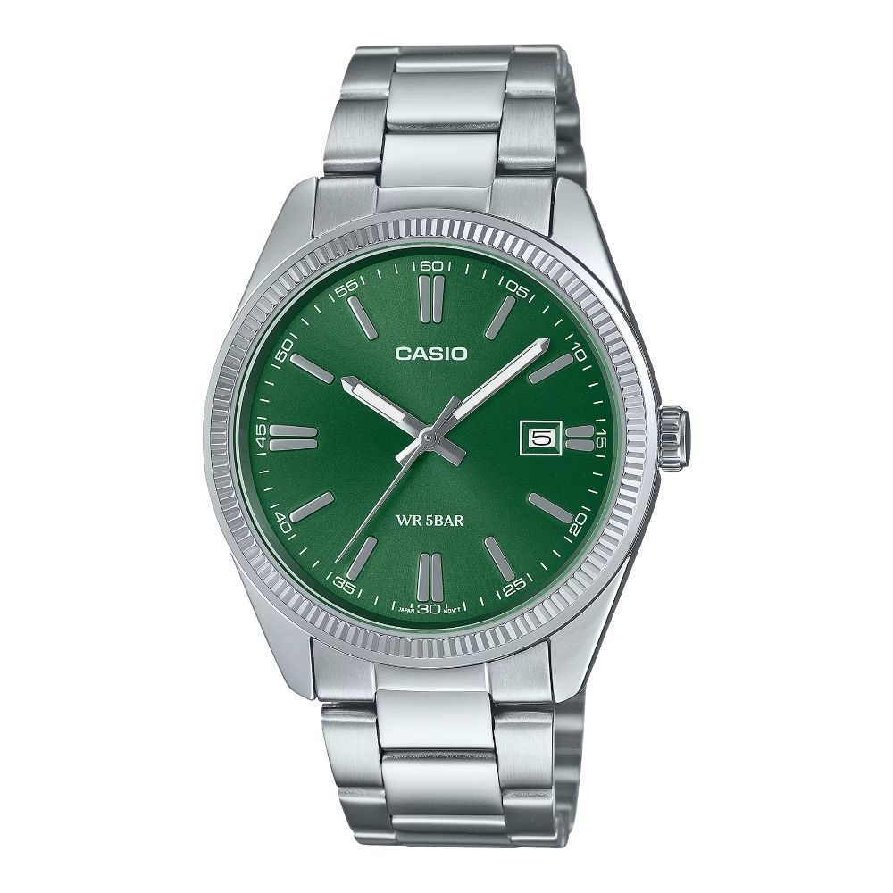 正規品 カシオ スタンダード 腕時計 メンズ 父の日 シンプル アナログ 日付表示 ステンレス 防水 グリーン シルバー ビジネス フォーマル 男性 ギフト プレゼントに最適 ランキング お祝い