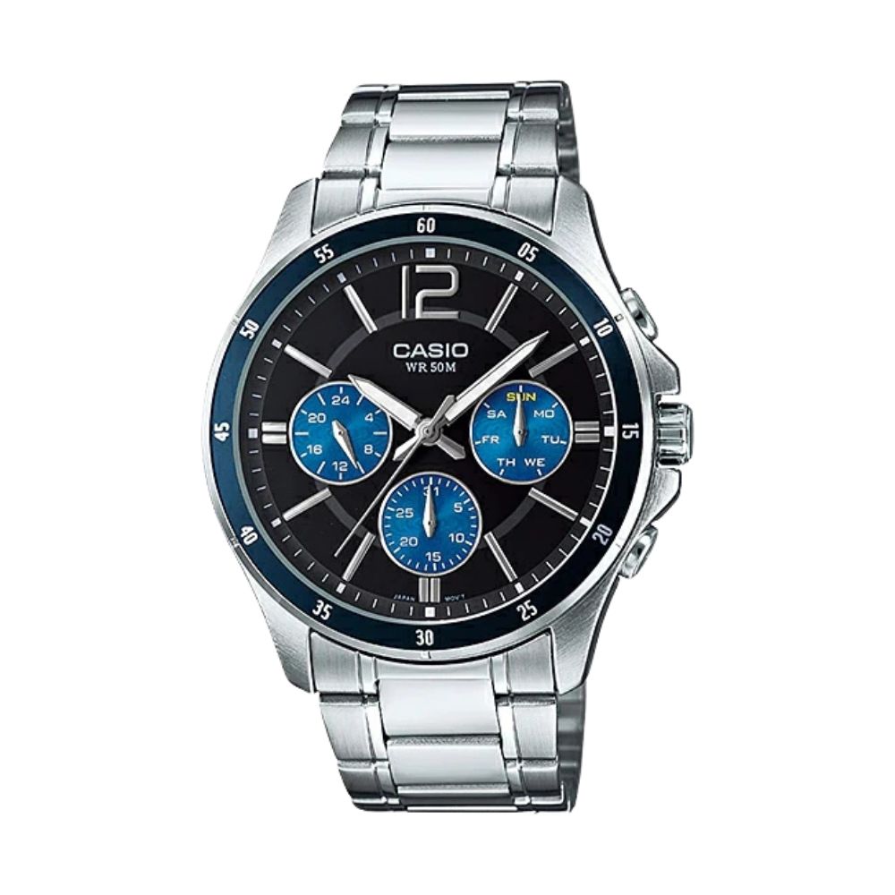 カシオ 腕時計 手表 メンズ アナログ 時計 ブルー ブラック文字盤 シルバー ステンレス ベルト クラシック 多機能 デザイン シンプル 使いやすい おしゃれ かっこいい 大人 スーツ ビジネス カジュアル ギフト サプライズ 誕生日プレゼント 海外モデル ランキング お祝い