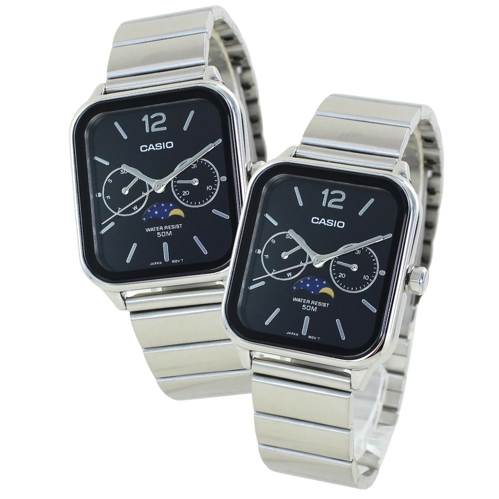 カシオ ペアウォッチ カップル 親子でお揃い CASIO 腕時計 ペア 腕時計ボックス付き アナログ スクエア サン＆ムーン表示 カレンダー 防水 黒 シルバー 夫婦 両親 記念日 上品ペアギフト ランキング お祝い