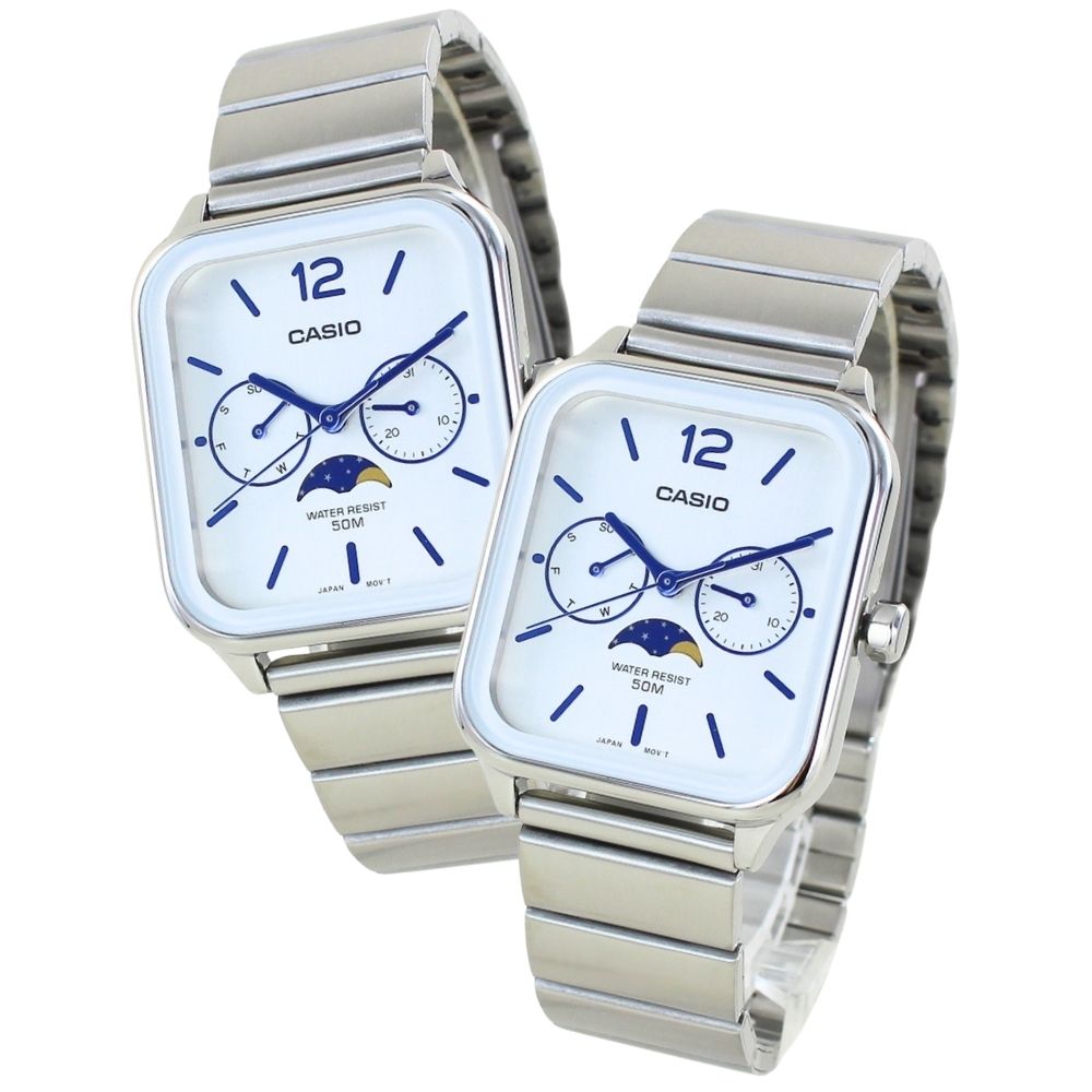 カシオ ペアウォッチ カップル 親子でお揃い CASIO 腕時計 ペア 腕時計ボックス付き アナログ スクエア サン＆ムーン表示 カレンダー 防水 白 シルバー 夫婦 両親 記念日 上品ペアギフト クリスマスプレゼント ランキング お祝い