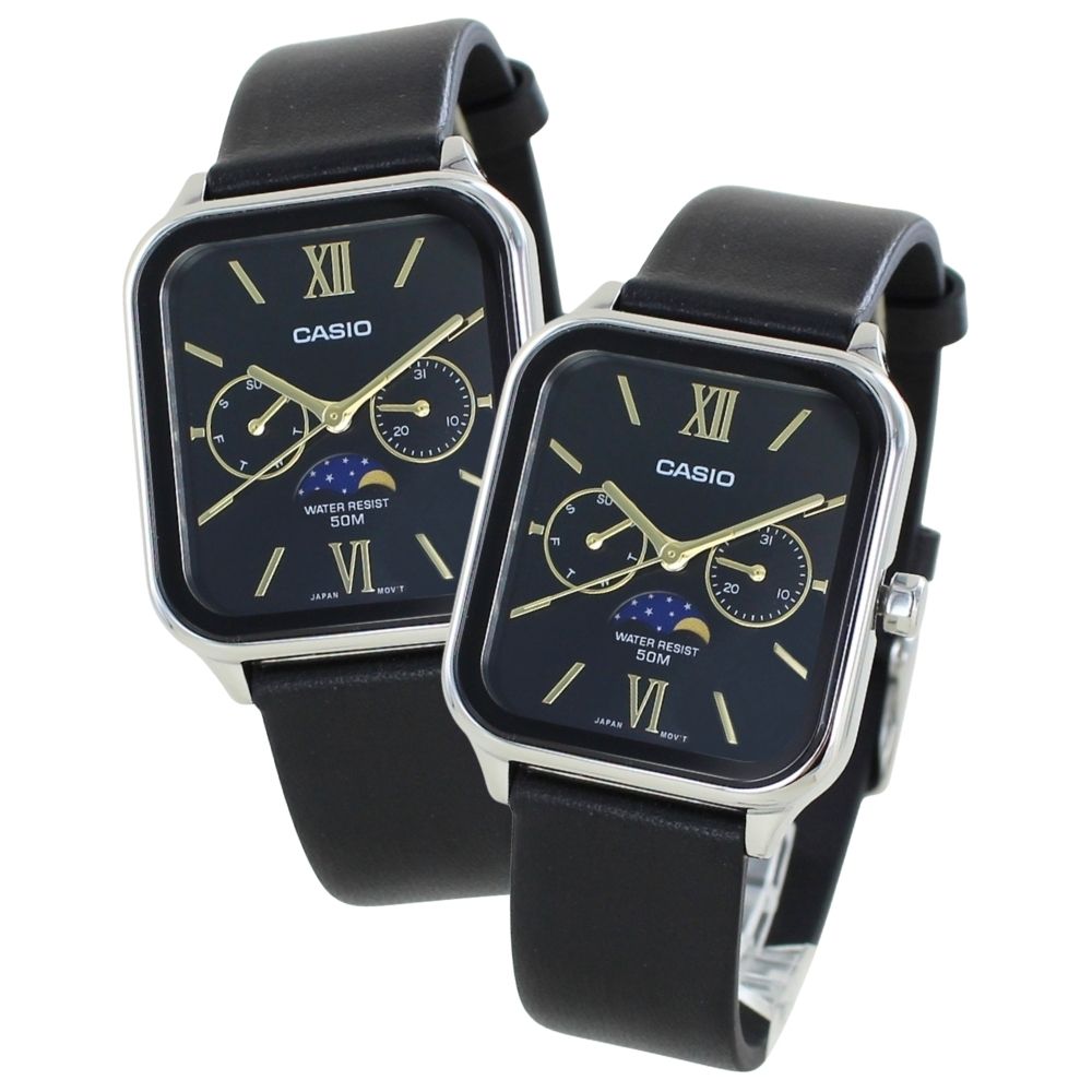 カシオ ペアウォッチ CASIO 腕時計 ペア腕時計ボックス付き カップル 親子でお揃い 上品ペアギフト アナログ 革ベルト ブラック サン＆ムーン表示 カレンダー 防水 夫婦 両親 記念日 プレゼント クリスマスプレゼント ランキング お祝い