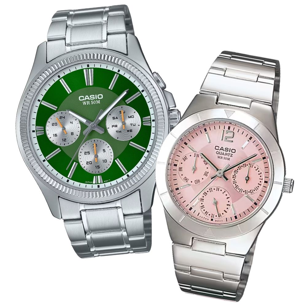 カシオ ペアウォッチ 腕時計 ステンレスベルト お揃い ユニセックス メンズ レディース ペアセット グリーン ピンク 日付 曜日表示 カップル 親子ペア プレゼント ギフト ペアギフト CASIO 時計 クリスマスプレゼント ランキング お祝い