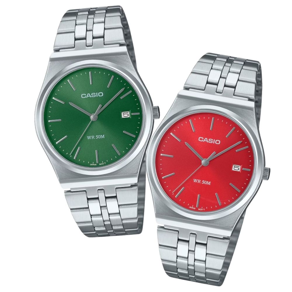 カシオ ペアウォッチ 腕時計 収納ケース付き グリーン レッド ステンレスベルト お揃い ユニセックス メンズ レディース ペアセット カップル 親子ペア 誕生日 記念日 プレゼント ギフト ペアギフト CASIO 時計 ランキング お祝い