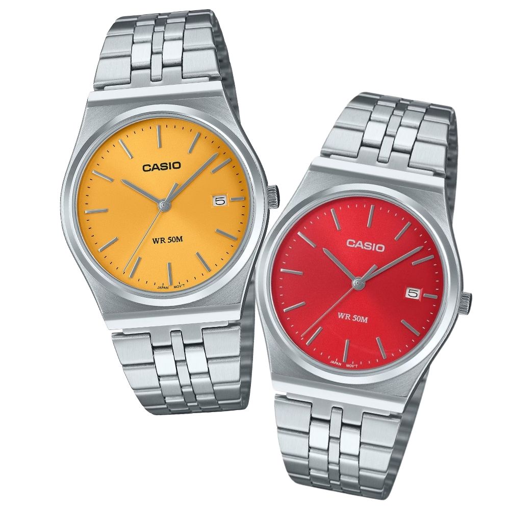 カシオ ペアウォッチ 腕時計 収納ケース付き イエロー レッド ステンレスベルト お揃い ユニセックス メンズ レディース ペアセット カップル 親子ペア 誕生日 記念日 プレゼント ギフト ペアギフト CASIO 時計 クリスマスプレゼント ランキング お祝い