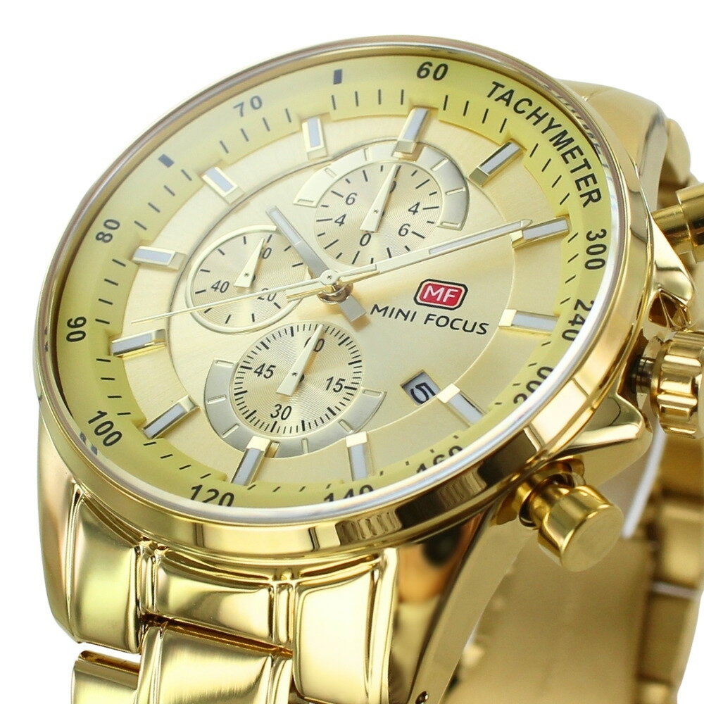 正規品 MINI FOCUS メンズ腕時計 クロノグラフ クォーツ 日付表示 ステンレスバンド かっこいい 腕時計 手表 メンズ 父の日 ゴールド 金色 高級感 おしゃれ ビジネス カジュアル 誕生日 プレゼント 男性 旦那 彼氏 ギフト 就職祝い ランキング お祝い