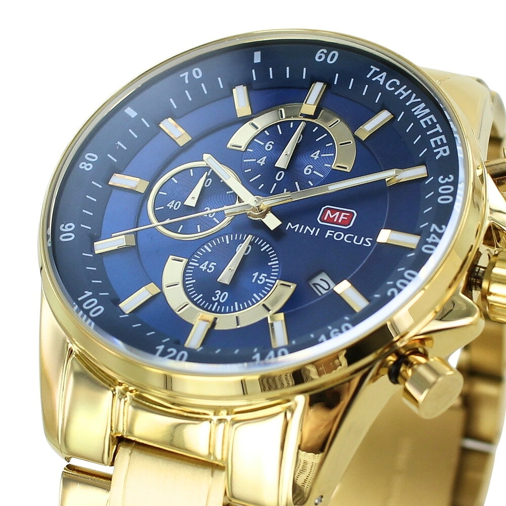 正規品 MINI FOCUS メンズ腕時計 クロノグラフ クォーツ 日付表示 ステンレスバンド かっこいい 腕時計 手表 メンズ 父の日 ゴールド ネイビーブルー 高級感 おしゃれ ビジネス カジュアル 誕生日 プレゼント 男性 旦那 彼氏 ギフト 就職祝い ランキング お祝い