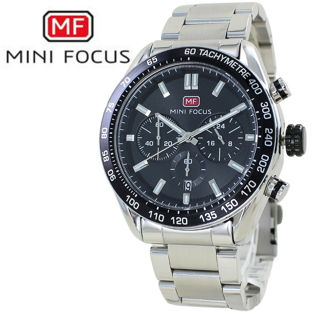 정규품 MINI FOCUS 맨즈 손목시계 스테인리스 밴드 근사한 손목시계 손표 맨즈 크로노그래프 쿼츠 실버 블랙 고급감 어른 세련된 비즈니스 캐주얼 생일 선물 남성 남편 남자친구 선물 취업 축하