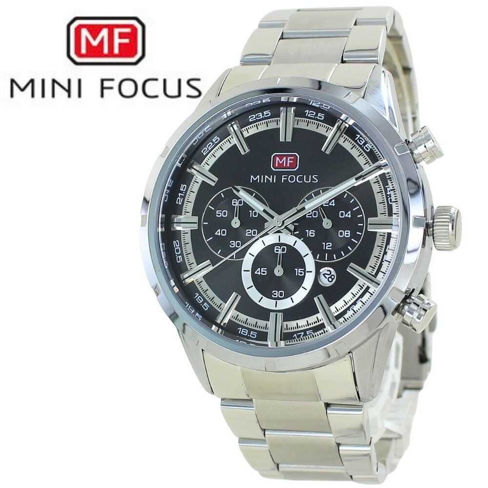 正規品 MINI FOCUS メンズ腕時計 クロノグラフ クォーツ 日付表示 ステンレスバンド かっこいい 腕時計 手表 メンズ シルバー ブラック..