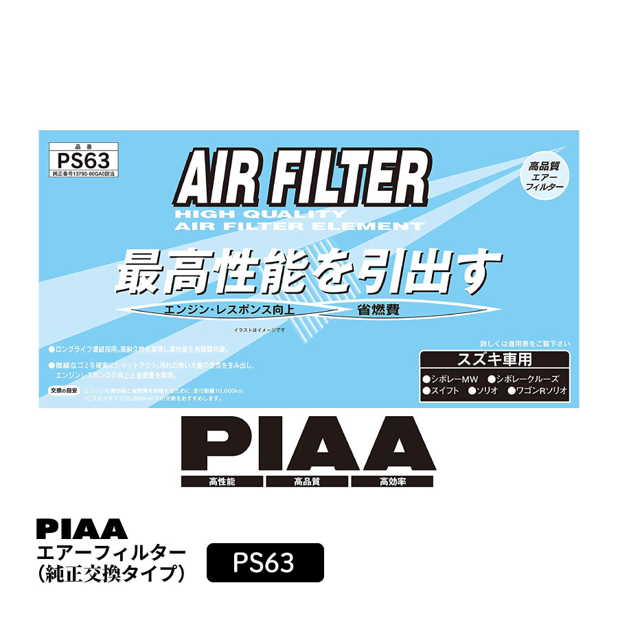 PIAA エアーフィルター エアフィルター 1個入 [スズキ車用] シボレークルーズ・スイフト・ソリオ 他 PS63 ピア