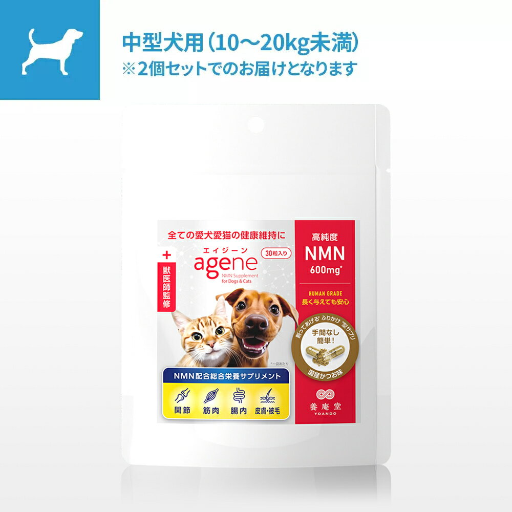 楽天阿部養庵堂薬品 楽天市場店愛犬愛猫専用 NMNサプリメント agene（エイジーン） 中型犬（体重10〜20kg未満）/2個セット ペット サプリ 健康維持 エイジングケア