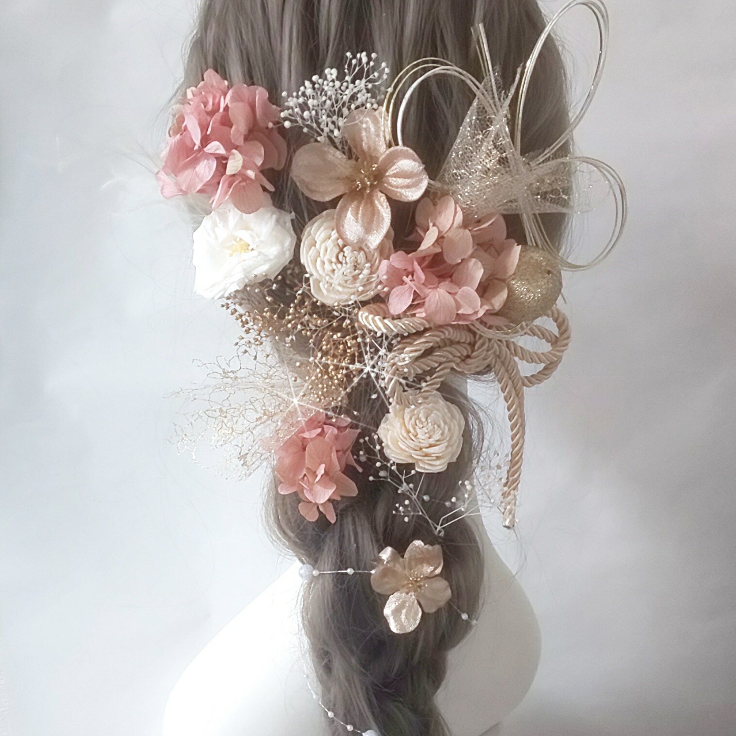 ドライフラワー髪飾り 花ミズキ パールチェーン ロープ紐 金箔 成人式 髪飾り 卒業式 結婚式 オシャレ 可愛い