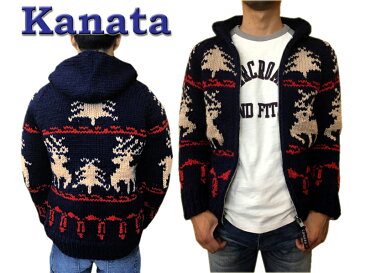 Kanata カナタ カウチンセーター メンズ カウチン セーター ニット カウチンニット 送料無料 代引き手数料無料 手編み バージンウール100% プレゼントに最適! 当店別注商品 鹿柄フード付き