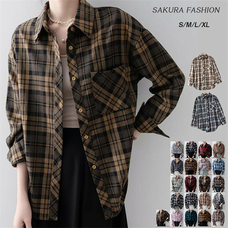 Blouses - 【最大P10倍】チェックシャツ レディース 長袖 ネルシャツ 春 秋冬 シャツ チェック マルチチェックシャツ ブラウス ボタン トップス フランネル コットン おしゃれ カジュアル 大きいサイズ