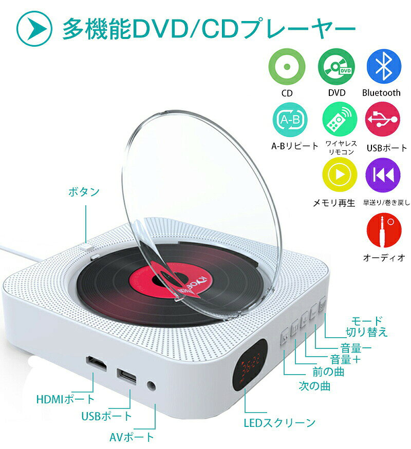 CD プレーヤー 壁掛け DVDプレーヤー コンパクト リモコン付き ポータブル HDMI 10...