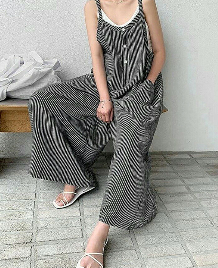 Northen Farmのサロペット　綿混紡　コットン　ストライプ　パンツ　ワイドパンツ　レディース　オールインワン　オーバーオール　ジャンパー　サロペットパンツ　オーバーサイズ　大きいサイズ 　カジュアル　ゆったり　体型カバー　着?せ　春夏　20代　30代　40代｜アングル2