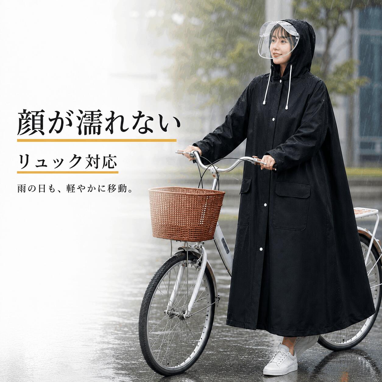 【スタイリッシュかつ機能的なデザイン】【ワイド＆ロングなシルエット】【2重つばで視界を確保】【服に染み込まず2重防水設計】【袖口リブ仕様 】【便利な収納袋付き】【安心のリフレクター素材】