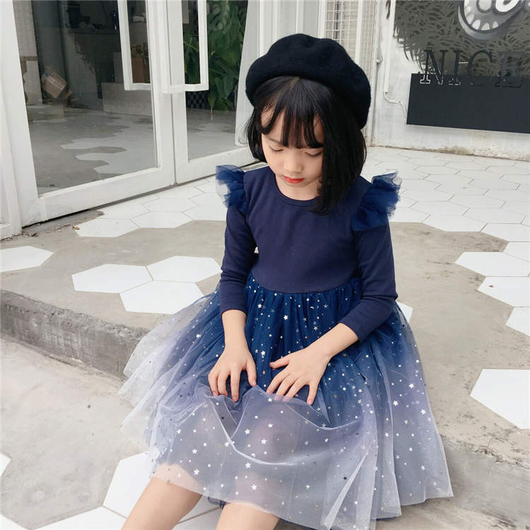 キッズドレス ワンピース キッズ 可愛い チュールスカート 長袖 秋 春 きれいめ お洒落 子供服 かわいい 子供用 ドレス 結婚式 ジュニア プリンセス ガールズ 供ドレス 発表会 卒業式 小学生 女児 ネイビー お嬢様風 星 90 100 110 120 130 140 TZ-241