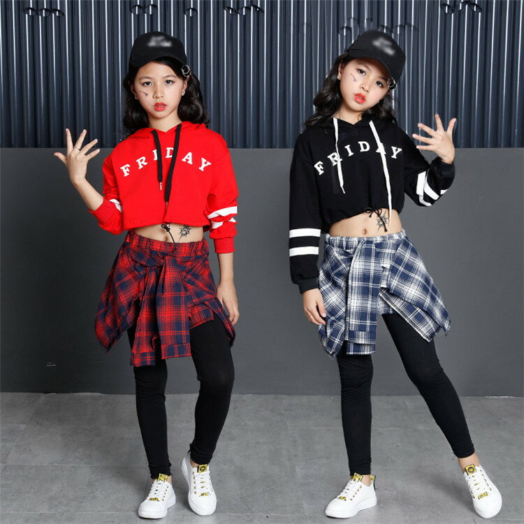 キッズ ダンス 衣装 ヒップホップ チアガール 衣装 女の子 キッズ 子供 チアダンス ユニフォーム ダンスウェア スカート巻き 応援団 ダンス衣装 ステージ衣装 チア チアリーダー チェック 110~170CM WUDAO-026