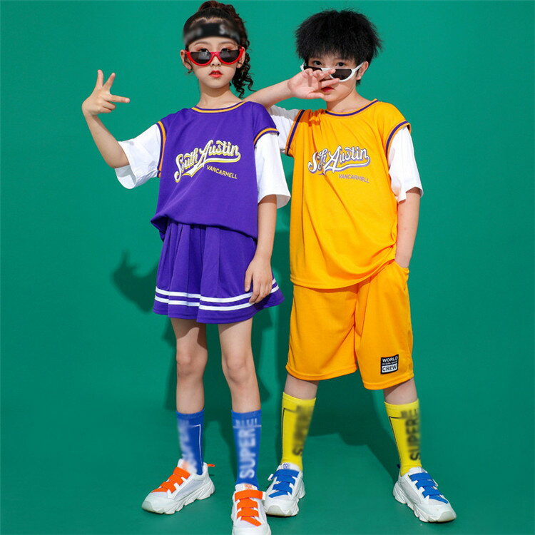 上下セット ダンス 衣装 ヒップホップ キッズ ダンス衣装 tシャツ ガールズ 女の子 男の子 パンツ 子供服 かっこいい 体操服 応援団 日常用 スカート ジュニア スポーツウエア 演出 イエロー パープル 10~170cm WUDAO-027