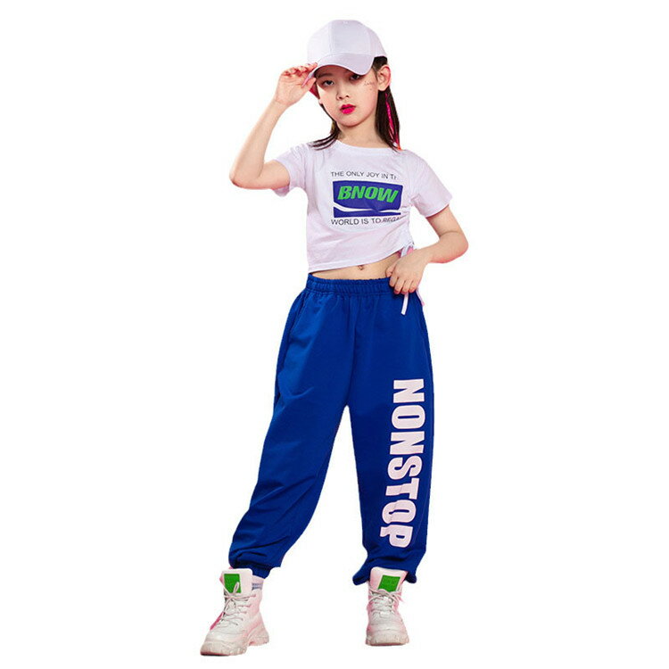 二点セット Tシャツ 長ズボン ヒップポップ へそ出し 子供 女の子 ダンスウェア ジュニア スポーツ ジャズ カジュアル シンプル ホワイト ブルー 普段着 応援団 運動会 110~180CM WUDAO-163