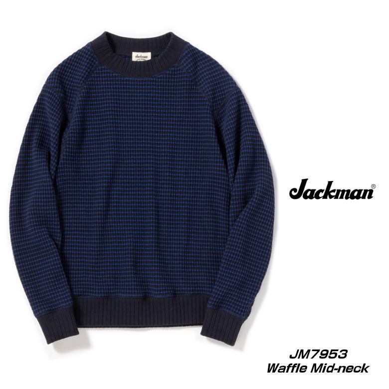 Jackman ジャックマン WaffleMidneck ワッフル ミッドネック カットソー　ビッグワッフル MADE IN JAPAN #69 BLUE×NAVY ブルー×ネイビー　ボーダーJM7953
